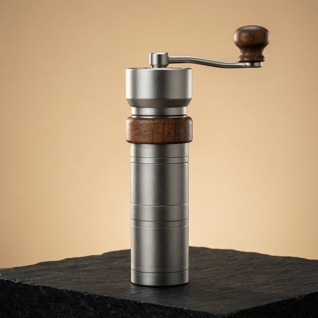 Commercial product photograph of an unbranded portable espresso grinder crafted from anodized aluminum with walnut accents, resting on a black stone surface against a warm beige background, illuminated by broad diffused studio light and a subtle edge highlight. — Qwen Image 3.0 Pro