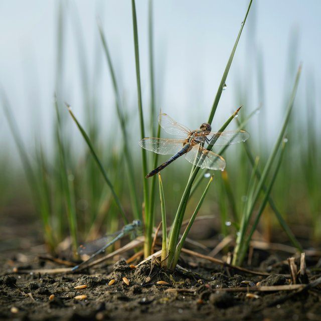 On a peaty marsh edge, a dragonfly rests among sedges after a light morning shower; dew beads on its veined wings and granular mud, while reed stems soften into pale fog behind it. — Ideogram v4