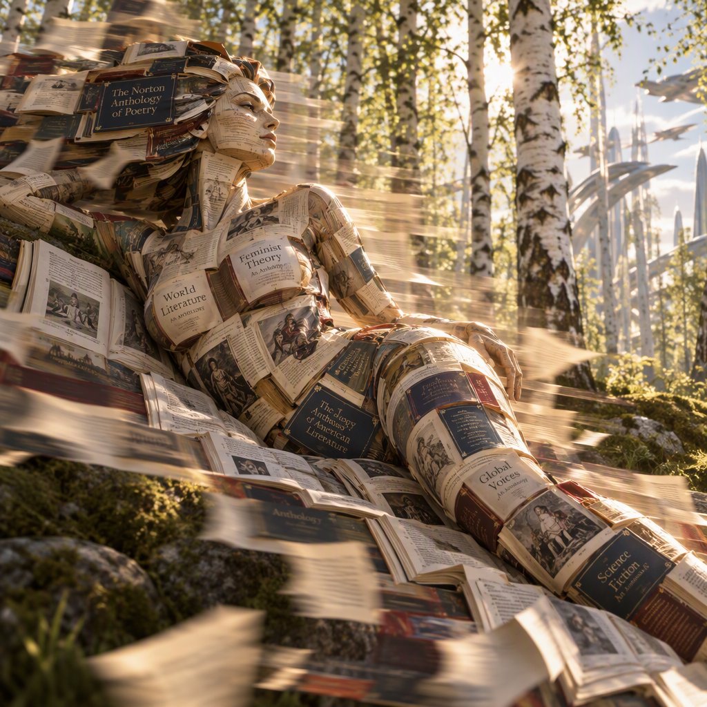 Create an adult odalisque entirely made of anthologies. The odalisque is formed from an anthology, with movement and motion blur that clearly shows its composition. The material should appear high quality, with dappled sunlight. The background is a birch forest, and the overall mood is Futurism. — GPT Image 2.5 Sunburst