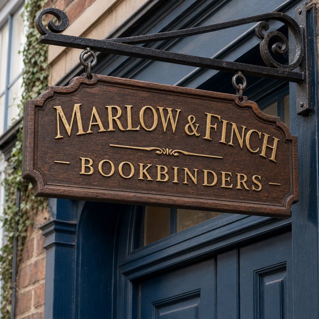 A hanging wooden shop sign that reads "MARLOW & FINCH — BOOKBINDERS" in gold serif letters, carved, above a blue door. — GPT Image 2