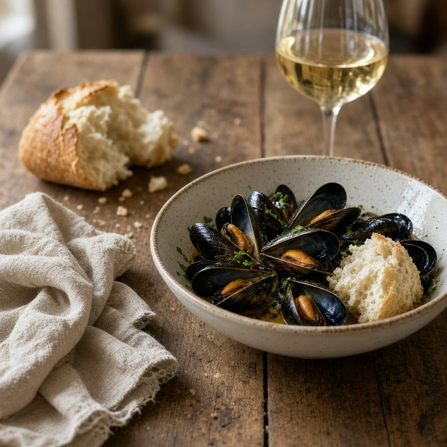 Beside a rumpled linen napkin, an in-progress supper shows a shallow bowl of mussels, torn bread, and a half-full glass on a wooden table. A natural-light dining snapshot, shot at 50mm with shallow depth of field, catches crumbs and glossy broth. — Grok Imagine Image 2