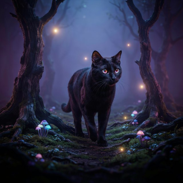 A sleek, obsidian cat with fur that seems to absorb all light, walks with quiet grace through a tranquil, mist-shrouded forest. Its eyes glow with an inner cosmic energy, reflecting distant nebulae. Ethereal fireflies drift around it, illuminating ancient, gnarled trees and glowing mushrooms. The style is deeply atmospheric, emphasizing soft focus and a palette of deep purples and blues. — Ideogram v4.5
