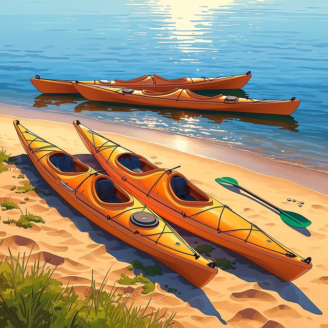 Exactly three orange kayaks rest on a sandy shore: two side by side in the foreground and one behind them near the water. A green paddle lies to the right of the kayaks, nothing else. — Midjourney Niji 7
