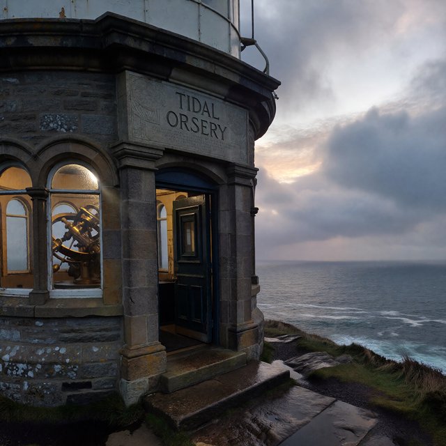 A weathered coastal observatory overlooks dark water, its brass instruments visible through arched windows; "TIDAL ORRERY" is carved into a slate lintel above the entrance, salt spray softening the deep engraved grooves. — ImagineArt 1.5 Pro