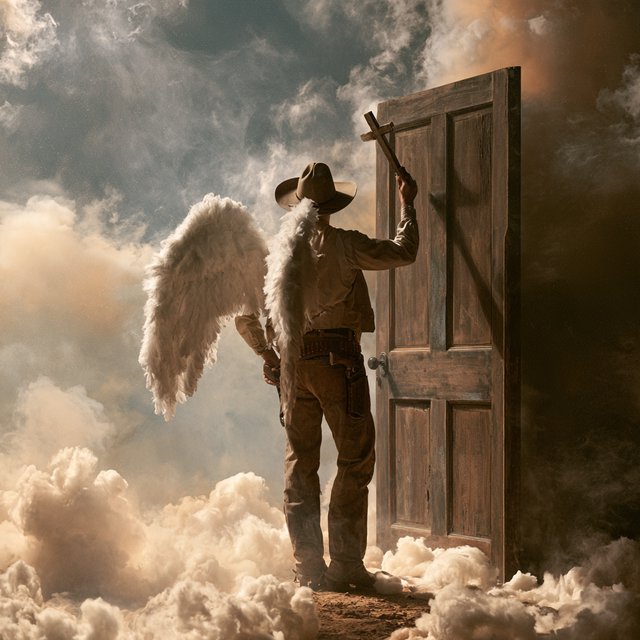 Create a painted image of a frontier lawman in heaven, facing away from the camera with angel wings. He is standing on a ground made of clouds, with a door in front of him. Holding a cross, he uses it to knock on the door. — Midjourney V8.2