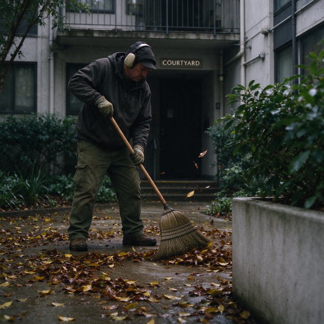 Candid documentary photograph of an adult groundskeeper sweeping damp leaves from an apartment courtyard, pale overcast morning light, 35mm lens with moderate depth of field, a few leaves caught midair in motion blur. — Seedream 5.0 Flash