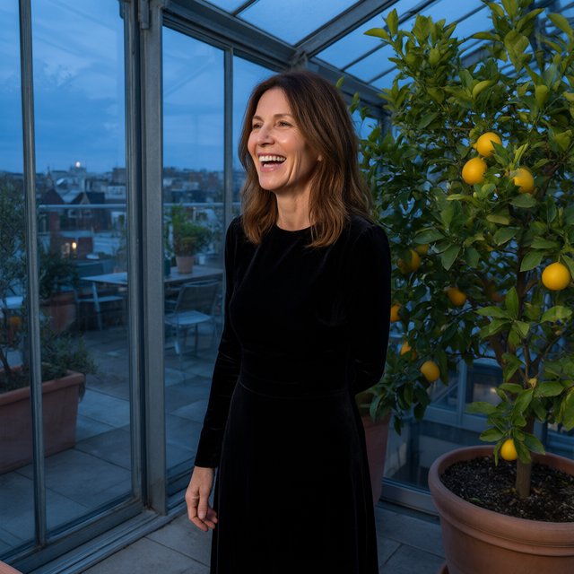 At a quiet rooftop conservatory, an adult woman in her early sixties wears a long-sleeved black evening gown, caught laughing softly beside a citrus tree as blue-hour light spills through the glass; poised styling brings fashion-magazine polish. — Model 17