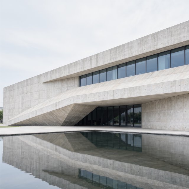 Exterior of a compact brutalist art museum, pale board-formed concrete, deep rectangular window recesses, a broad cantilevered entrance canopy, low reflecting pool, overcast afternoon light, viewed from a quiet plaza at eye level, crisp orthogonal architectural photography. — Kling v3 Omni