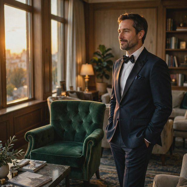 Editorial glamour photograph of an adult man in a midnight-blue tuxedo, standing naturally beside a velvet chair in a quiet hotel lounge, flattering amber window light, relaxed expression, polished magazine composition. — Muse Image 1.0