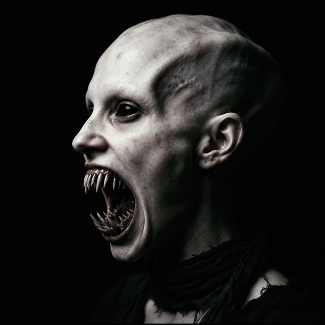 A creepy woman in side profile. Focus on the head with a slightly alien figure. Pale skin. No irises in the eyes. Mouth is open wide with very sharp, long razor teeth. Black background. Chiaroscuro effect. — Nano Banana 2 Lite