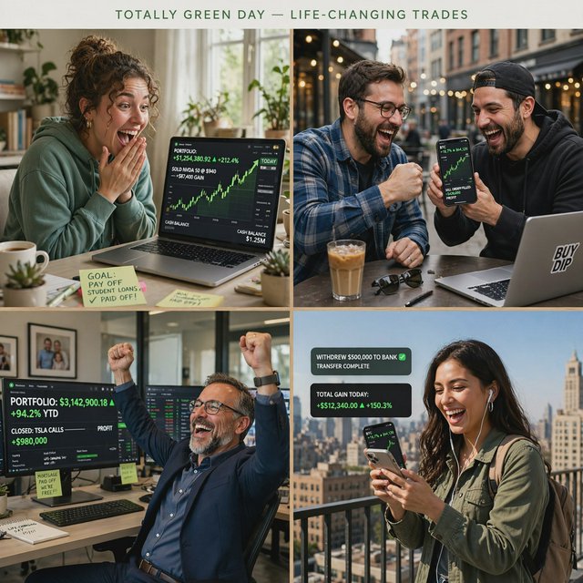 People making successful trades. A totally green day. Making a lot of money (life-changing money). At least 4 scenes. — Muse Image 1.0