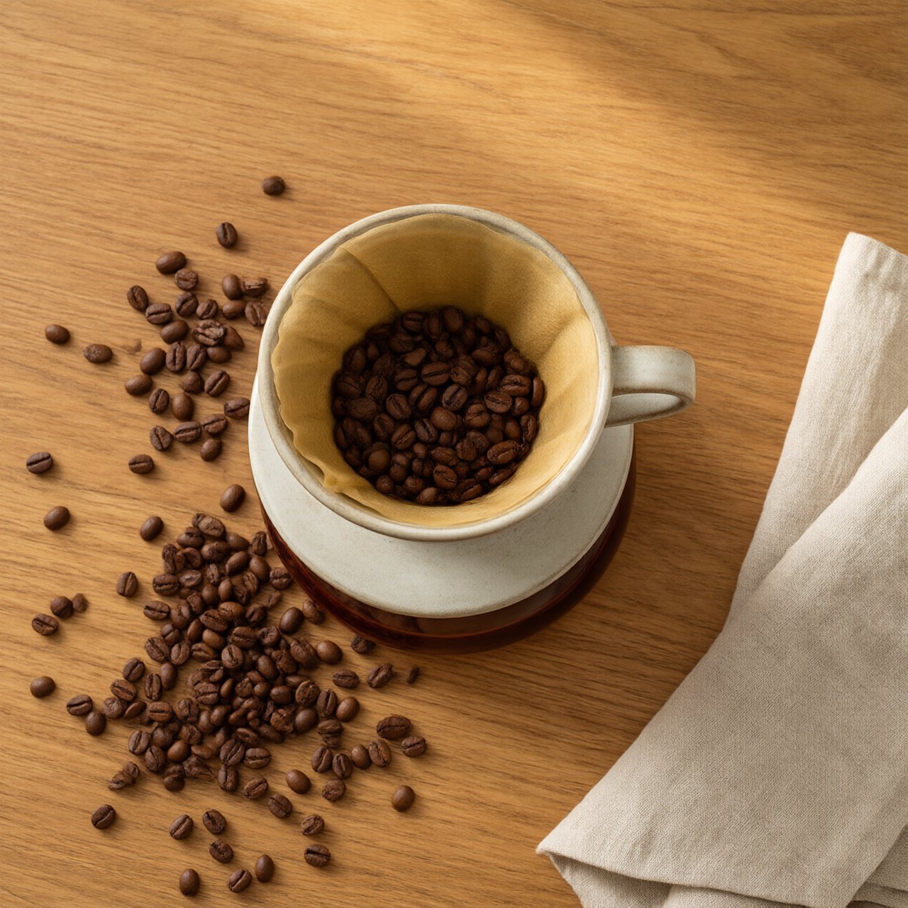 Overhead flat lay of a ceramic pour-over coffee set on oak, roasted beans scattered, a folded linen napkin, warm natural light. — Qwen Image 3.0