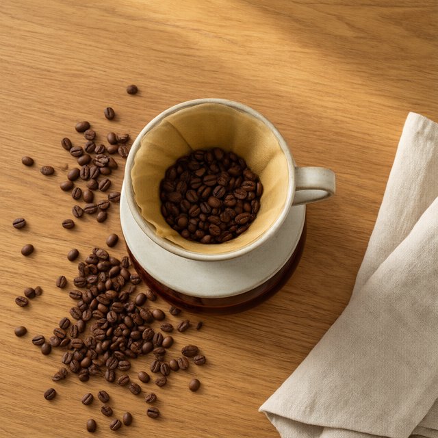 Overhead flat lay of a ceramic pour-over coffee set on oak, roasted beans scattered, a folded linen napkin, warm natural light. — Qwen Image 3.0