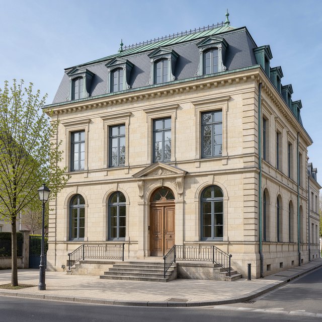Exterior of a French Second Empire town hall with pale limestone, a dark mansard roof, copper cresting, and tall arched windows; clear spring light falls across the entrance terrace, viewed from the quiet street corner, precise lines and believable construction. — FLUX 3 Image