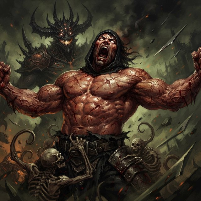 A colossal muscular berserker erupts in a primal roar, framed from the waist upward at a dramatic low angle. His head tilts back, glowing ivory eyes fixed upward, mouth stretched impossibly wide with clearly defined teeth and a cavernous dark interior. A close-fitting black hood frames his angular face, while his bare bronze-red torso displays monumental musculature, fine scars, and jagged surface fissures. Both upper arms thrust outward, elbows and hands beyond the frame, creating a broad, forceful silhouette. Behind him looms a towering obsidian demon with a crown of needlelike horns, scattered ember eyes, a serrated grin, and massive shoulders formed from twisted organic armor. Smaller snarling creatures coil across the lower foreground, their skull-like heads and hooked tendrils overlapping his waist. Razor-shaped fragments sweep diagonally through the scene, directing attention toward his illuminated face and chest. A ruined abyss recedes through smoky olive-green and charcoal haze. — Nano Banana 2 Lite