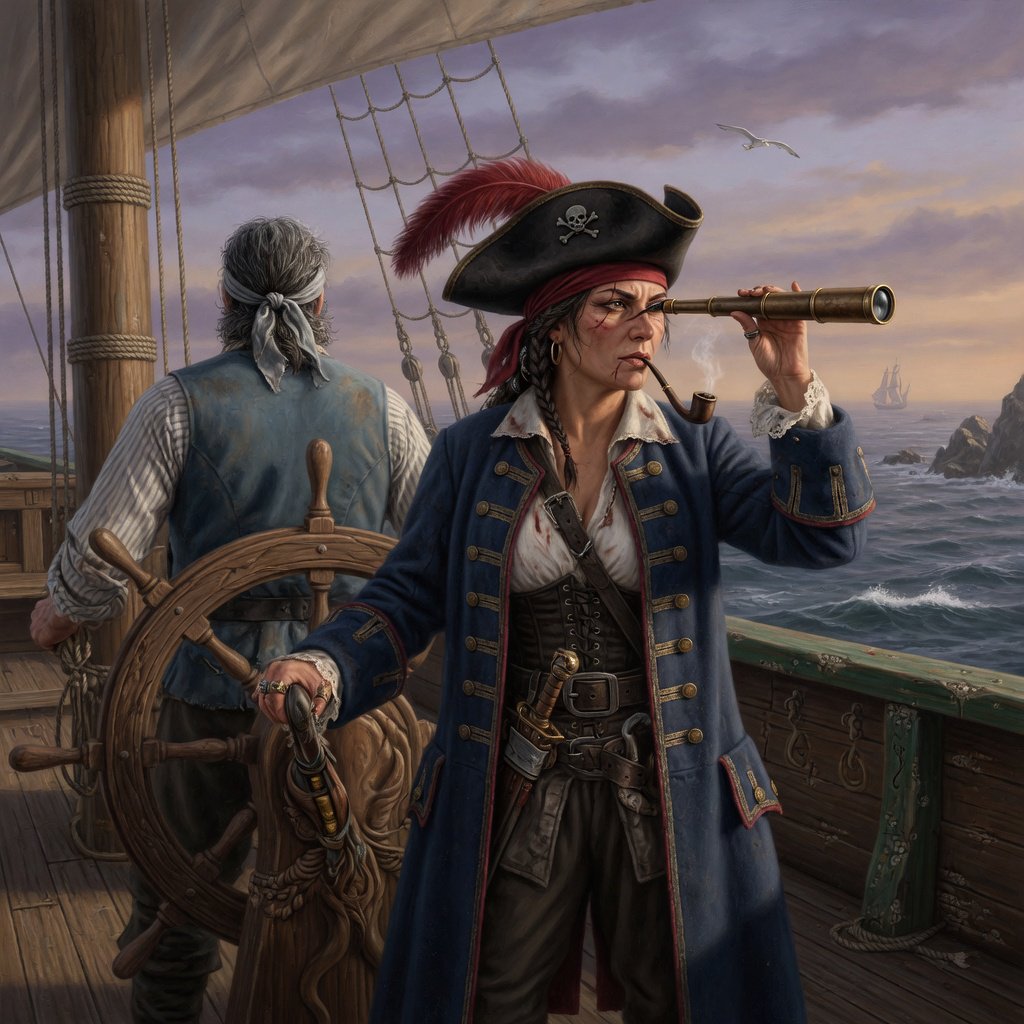 A pirate woman wearing a tricorne hat and an open coat stands behind the helmsman, scanning the horizon for danger. — Grok Imagine Image Quality