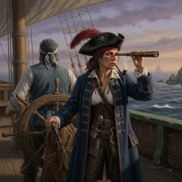 A pirate woman wearing a tricorne hat and an open coat stands behind the helmsman, scanning the horizon for danger. — Grok Imagine Image Quality
