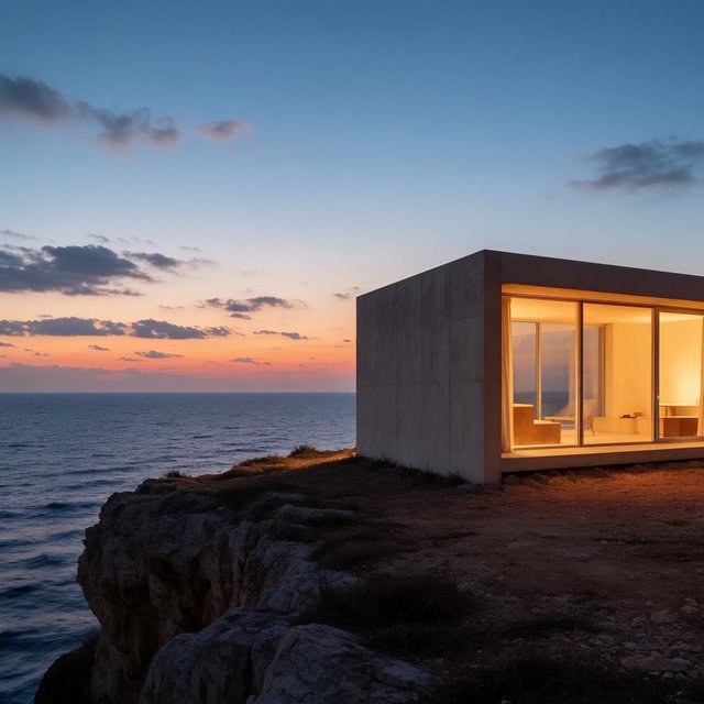 Exterior of a small concrete-and-glass house on a cliff above the sea, dusk, interior lights on, architectural photography. — Krea 2 Medium