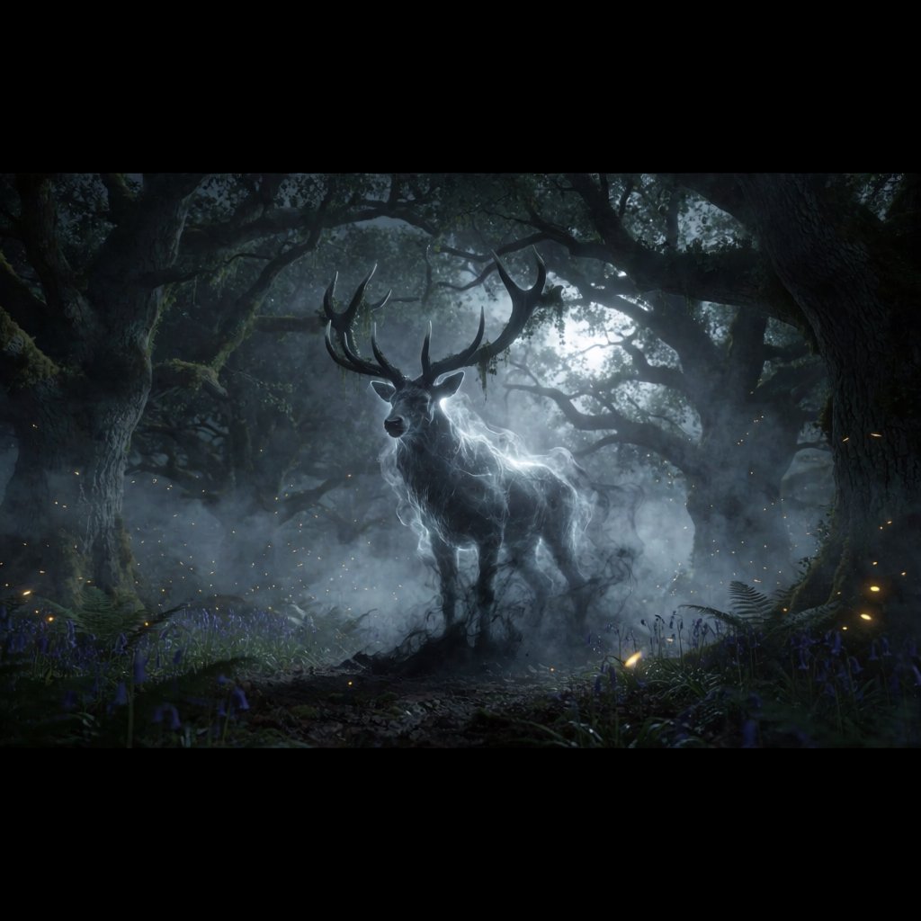 Low-angle wide shot, ancient overgrown oak forest at midnight: a colossal ghost stag looms, its semi-transparent form woven from swirling inky mist threaded with liquid silver moonlight. Polished obsidian antlers cut through shadow, jagged edges catching faint starlight, moss dangling from their points. Heavy hooves press into the loamy forest floor, wild bluebells and ferns curling black and crumbling to ash beneath each step. Hundreds of faint gold fireflies drift slowly through thick volumetric fog, their glows diffused in the haze. Deep indigo and charcoal color palette, somber quiet dread, atmospheric dark fantasy aesthetic, soft dappled moonlight filtering through a gnarled canopy, cinematic depth of field, sharp fine edges on the stag's antlers and decaying foliage. — Krea 2 Medium