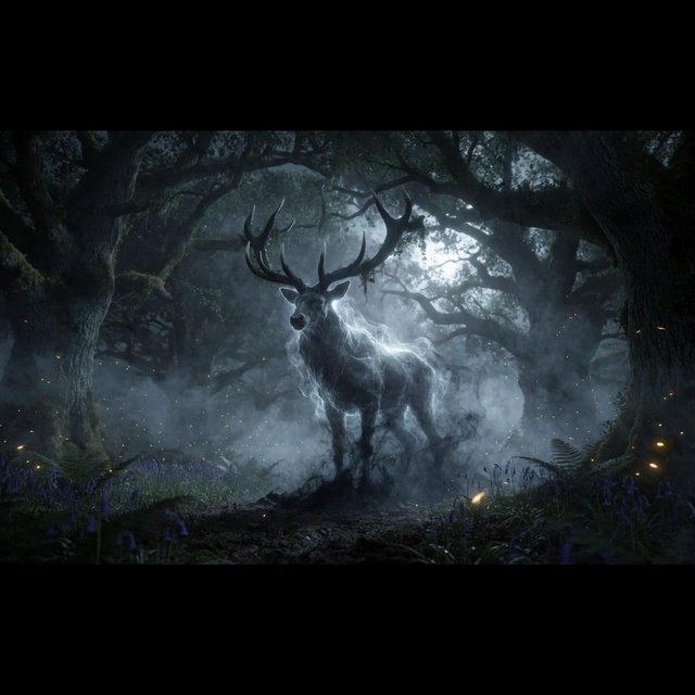 Low-angle wide shot, ancient overgrown oak forest at midnight: a colossal ghost stag looms, its semi-transparent form woven from swirling inky mist threaded with liquid silver moonlight. Polished obsidian antlers cut through shadow, jagged edges catching faint starlight, moss dangling from their points. Heavy hooves press into the loamy forest floor, wild bluebells and ferns curling black and crumbling to ash beneath each step. Hundreds of faint gold fireflies drift slowly through thick volumetric fog, their glows diffused in the haze. Deep indigo and charcoal color palette, somber quiet dread, atmospheric dark fantasy aesthetic, soft dappled moonlight filtering through a gnarled canopy, cinematic depth of field, sharp fine edges on the stag's antlers and decaying foliage. — Krea 2 Medium