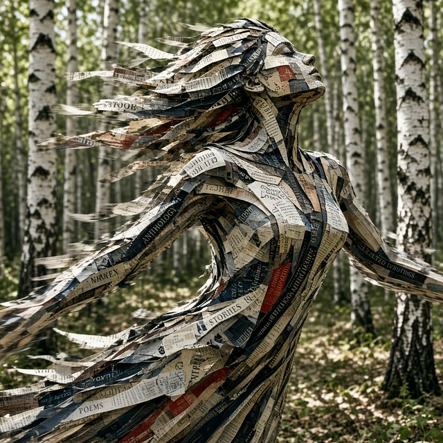 Create an adult odalisque entirely made of anthologies. The odalisque is formed from an anthology, with movement and motion blur that clearly shows its composition. The material should appear high quality, with dappled sunlight. The background is a birch forest, and the overall mood is Futurism. — Grok Imagine Image 2
