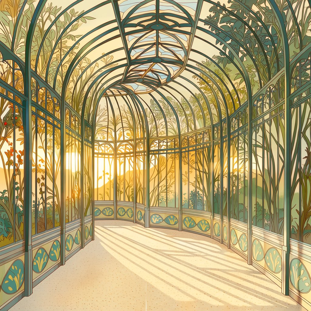 Interior of an Art Nouveau winter garden, curved iron ribs, cream terrazzo floor, hand-painted botanical glass panels, filtered late-afternoon sunlight, viewed from the entrance along the central axis, elegant geometry and believable load-bearing structure. — Midjourney Niji 7