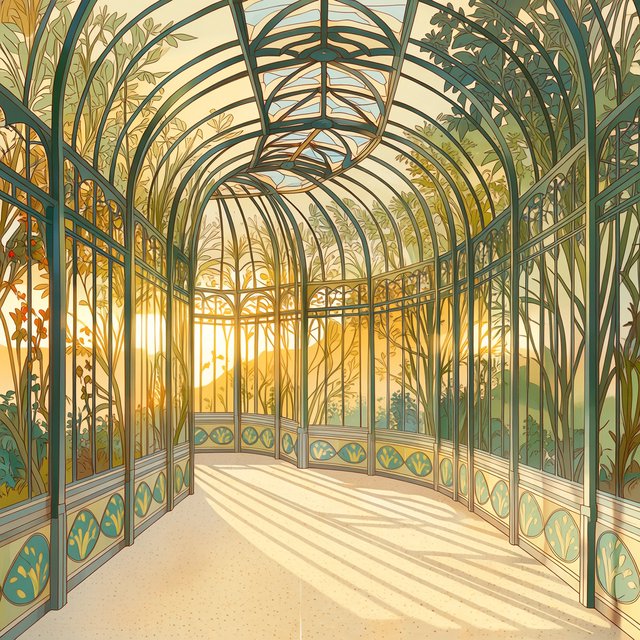 Interior of an Art Nouveau winter garden, curved iron ribs, cream terrazzo floor, hand-painted botanical glass panels, filtered late-afternoon sunlight, viewed from the entrance along the central axis, elegant geometry and believable load-bearing structure. — Midjourney Niji 7