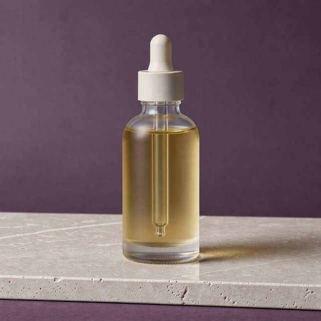 Under a broad diffused key and cool edge light, an unbranded frosted-glass serum bottle displays clear golden oil against a muted plum background, resting on honed pale travertine with its blank surface free of lettering. — FLUX 3 Image