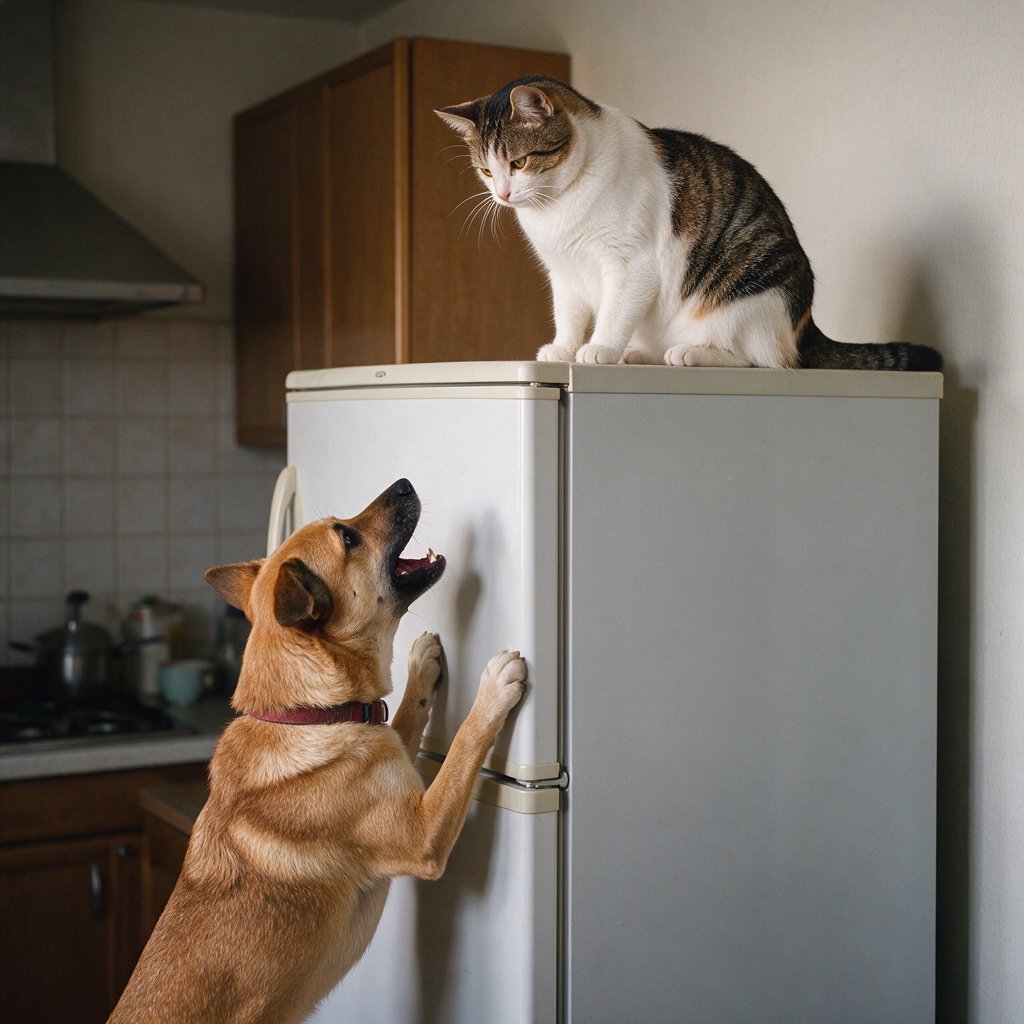 A cat sits on the top of a refrigerator calmly looking down at a barking dog. The dog is on his hind legs leaning on the fridge barking at the cat. — Seedream 5.0 Pro