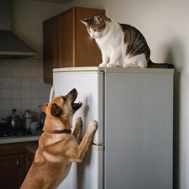 A cat sits on the top of a refrigerator calmly looking down at a barking dog. The dog is on his hind legs leaning on the fridge barking at the cat. — Seedream 5.0 Pro