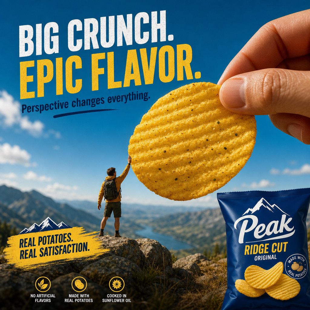 A creative promotional poster for potato chips featuring a forced perspective effect. — GPT Image 2