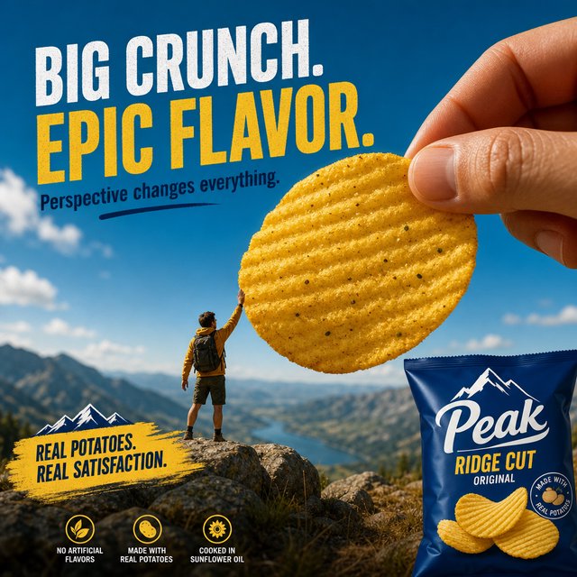 A creative promotional poster for potato chips featuring a forced perspective effect. — GPT Image 2