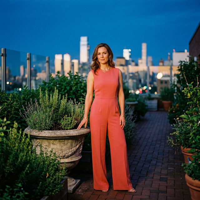Editorial glamour photograph of an adult woman in a tailored coral evening jumpsuit on a rooftop herb garden at blue hour, resting one hand on a stone planter, flattering sunset glow, relaxed expression, city lights softly blurred behind her. — Nano Banana 2.1