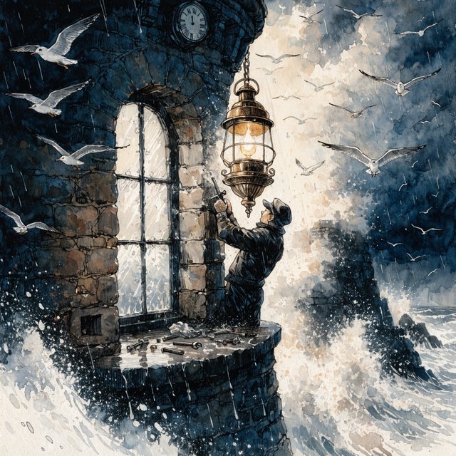 Ink-and-watercolour illustration of an adult lighthouse keeper repairing a brass lantern inside a windswept cliff tower, gulls circling beyond the window and sea spray glowing below. Palette of navy, rust, seafoam, and warm ivory, with expressive linework. — Recraft v4