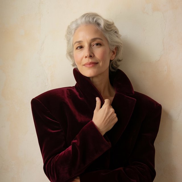 Fashion portrait of an adult woman in her early 50s wearing a sculptural burgundy velvet jacket, her hands lightly gathering its lapel. A wry, composed expression meets the camera against a warm ivory plaster backdrop, lit by soft late-afternoon window glow. — Krea 2 Medium