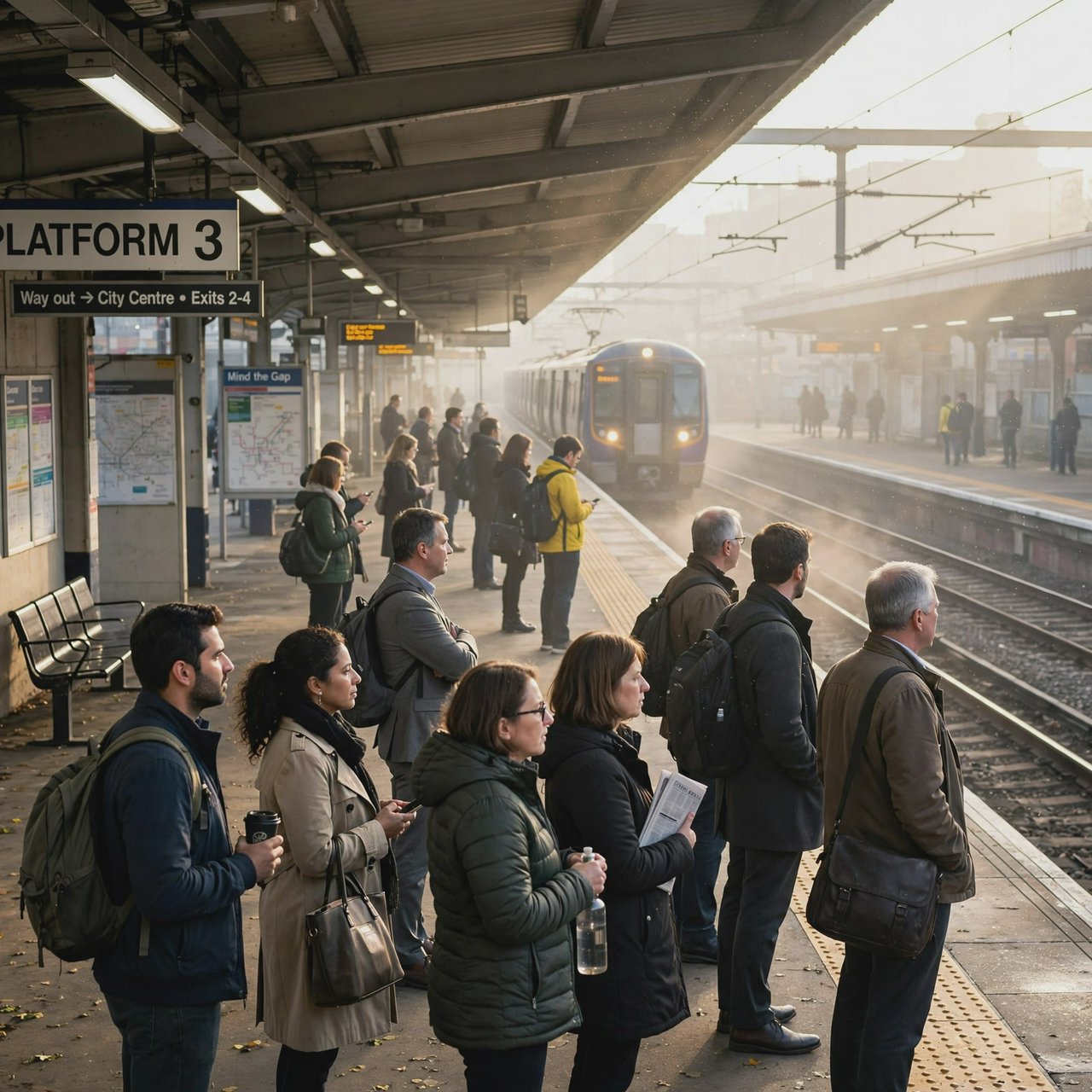 Across a broad station platform, adult commuters wait in loose clusters as a train approaches through pale dawn haze. A real-world press photograph uses a 135mm lens and deep focus; fine brake dust hangs in the sunlit air. — Muse Image 1.0