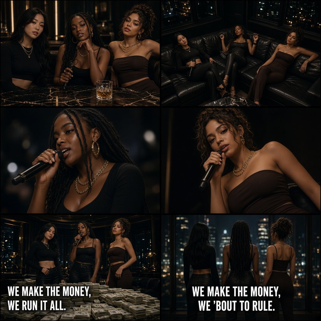 Realistic adult Korean, Black, and mixed-race female rappers filming a music video, all wearing fitted clothes. The music video is about how they are making money and are set to rule, with a really cool, laid-back vibe, shown from many angles. — Grok Imagine Image 2