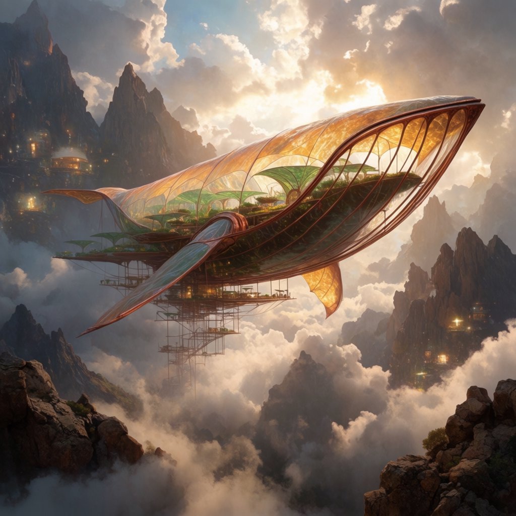 A vast, whale-shaped sky barge sails between mountain spires, its copper ribs supporting gardens and glowing sailcloth. Below, cloud rivers curl around tiny cliff villages as sunset pours through storm breaks, outlining the vessel in molten gold. — Krea 2 Large