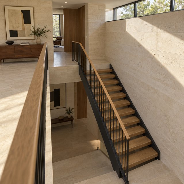 Beneath a pale limestone stairwell, a restrained mid-century modern interior frames a straight oak stair with blackened-steel stringers and limestone landings; afternoon clerestory light, viewed from the upper landing, reveals credible connections and aligned geometry. — GPT Image 2.5 Sunburst