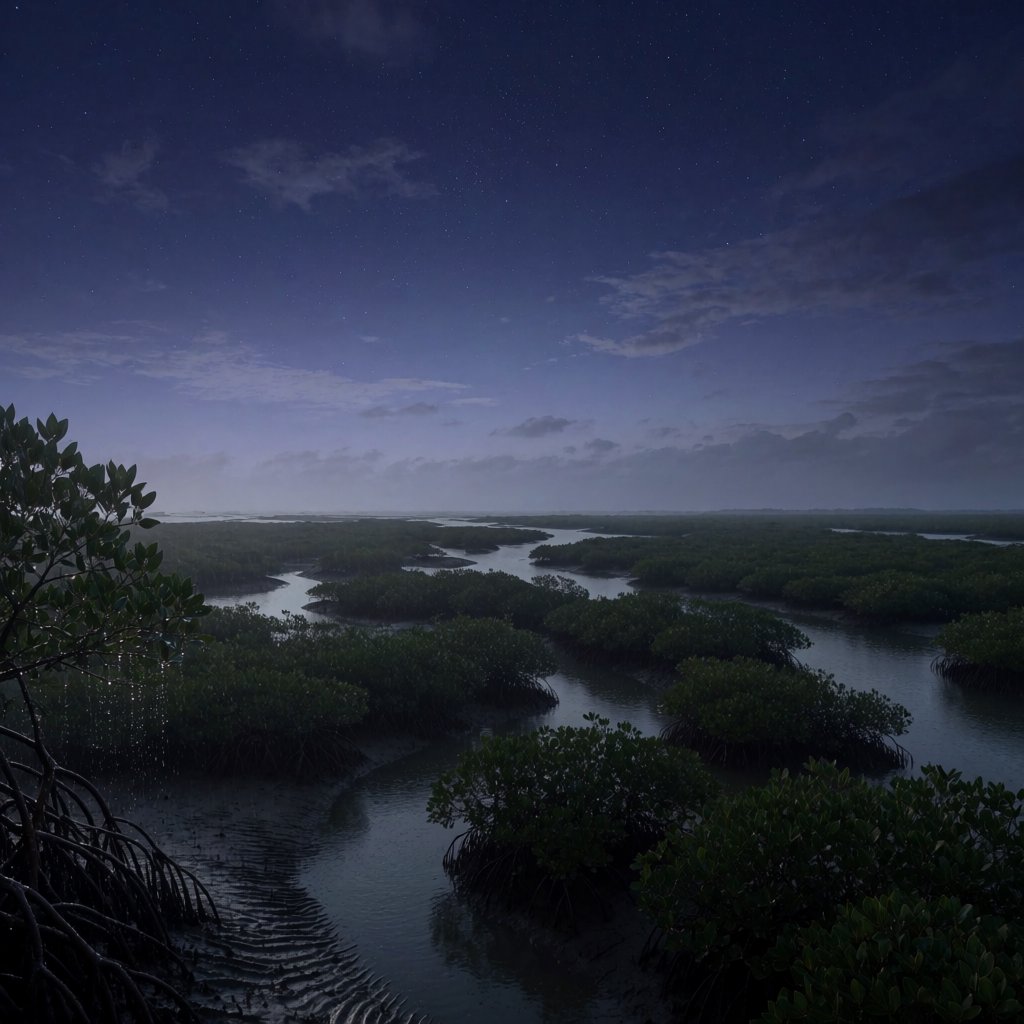 A mangrove delta spreads beneath a star-filled midnight sky after a humid shower; rain-beaded roots and fine silt ridges sharpen the foreground, while winding channels vanish among distant reed islands. — Krea 2 Medium