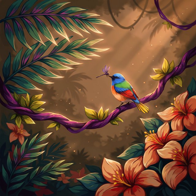 Create a vibrant digital artwork with clean lines depicting a small, colorful bird in the jungle. Combine rich, warm tones—such as soft orange, bold red, and dynamic yellow—with cool colors like brilliant blue, emerald green, and radiant violet. The atmosphere should feel fairytale-like, enhanced by striking lighting that underscores the scene's magic. Use bright, bold colors harmoniously to create a balanced composition. The overall style should be imaginative and captivating, transporting the viewer to another world. — Ideogram v4