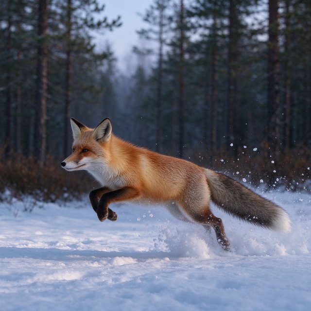 A red fox springs through powdery snow at the edge of a pine forest, ears forward and paws suspended. A real-world wildlife telephoto photograph in pale dawn light, 300mm lens, with snow crystals frozen midair. — Model 19