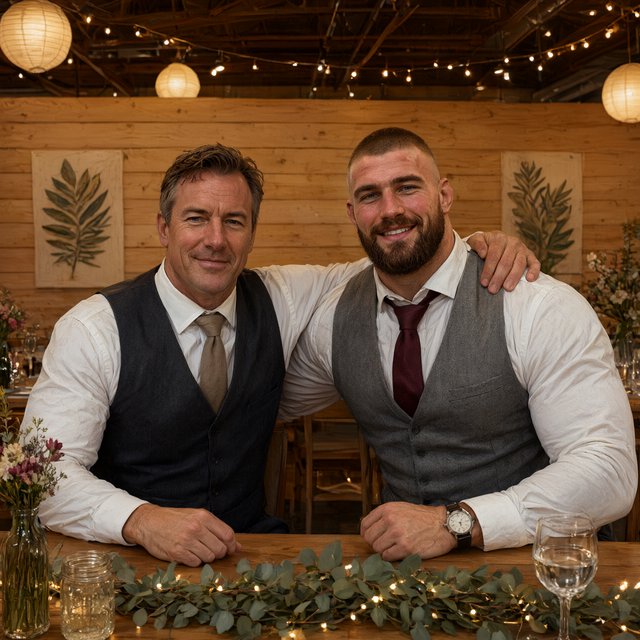 (Character1: rugby player body type, tall, brunet male, age 30, buzzcut hair and neatly groomed matching beard). Medium eye-level shot, photorealistic, two men seated at a wooden banquet table: the left middle-aged man wears a white dress shirt, charcoal waistcoat, and taupe tie, with his right arm on the table; the right man, Character1, smiles directly at the camera, wearing a white dress shirt, grey waistcoat, maroon tie, and a watch on his left wrist, with his left arm draped over the first man's shoulder. In the foreground: a table runner with eucalyptus sprigs, small fairy lights, a bottle holding flowers, a glass jar, and a water glass. Background: an exposed light horizontal wood plank wall with two decorative leaf panels, an exposed industrial ceiling with hanging paper lanterns, and fairy string lights. Warm, soft ambient overhead event lighting, natural indoor venue atmosphere, shallow depth of field. Art style: dramatic painterly realism with realistic skin texture, strong chiaroscuro, slightly gritty textured brushwork, fantasy illustration mood. — Qwen Image 3.0 Pro