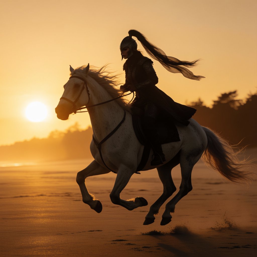 An adult female warrior on her white steed galloping along a fine-sand beach at sunset. — Krea 2 Medium