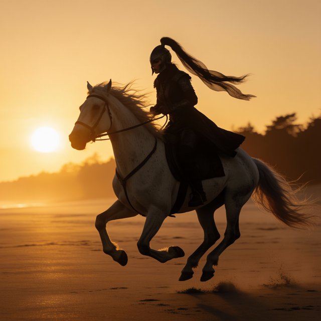 An adult female warrior on her white steed galloping along a fine-sand beach at sunset. — Krea 2 Medium