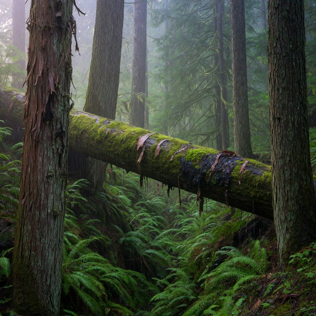 Between cedar trunks, a moss-covered fallen giant bridges a fern-filled ravine in steady dawn drizzle; shredded bark, rain-dark lichen, and tiny rivulets stand crisp nearby while successive trees dissolve into green mist. — Grok Imagine Image Quality