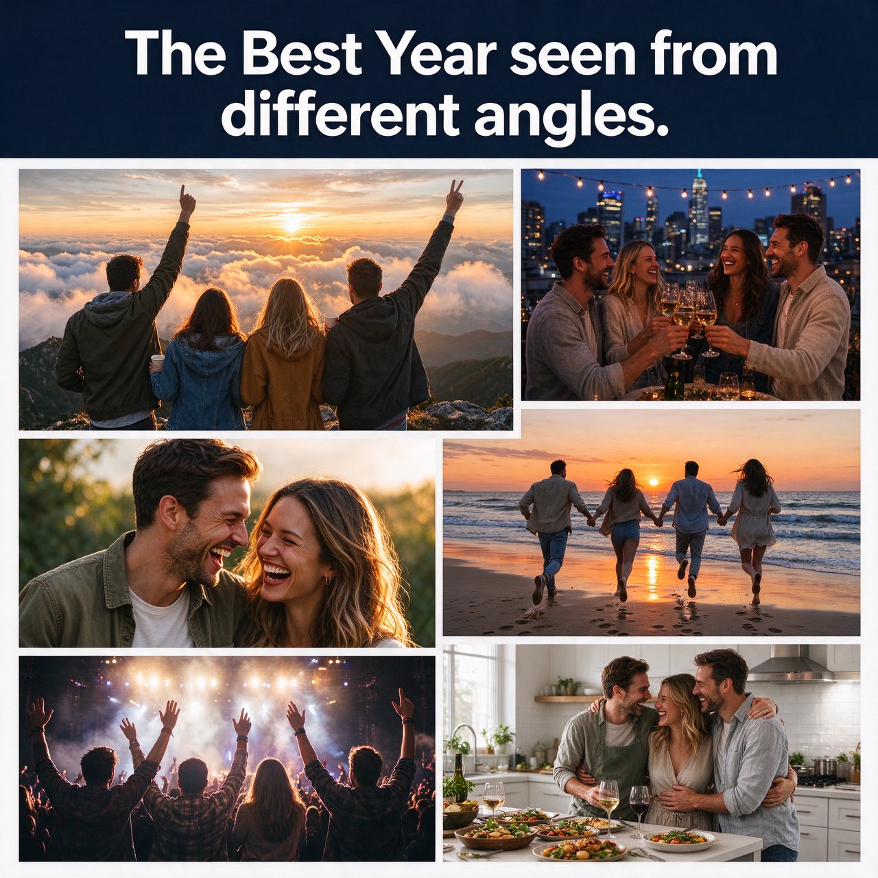 A realistic image where the theme is all about people having the best year ever. 4–6 moments seen from different angles. At the top it says, "The Best Year seen from different angles". — Seedream 5.0 Flash
