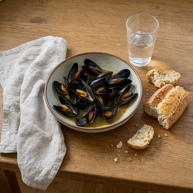 Beside a rumpled linen napkin, an in-progress supper shows a shallow bowl of mussels, torn bread, and a half-full glass on a wooden table. A natural-light dining snapshot, shot at 50mm with shallow depth of field, catches crumbs and glossy broth. — Qwen Image 3.0 Pro