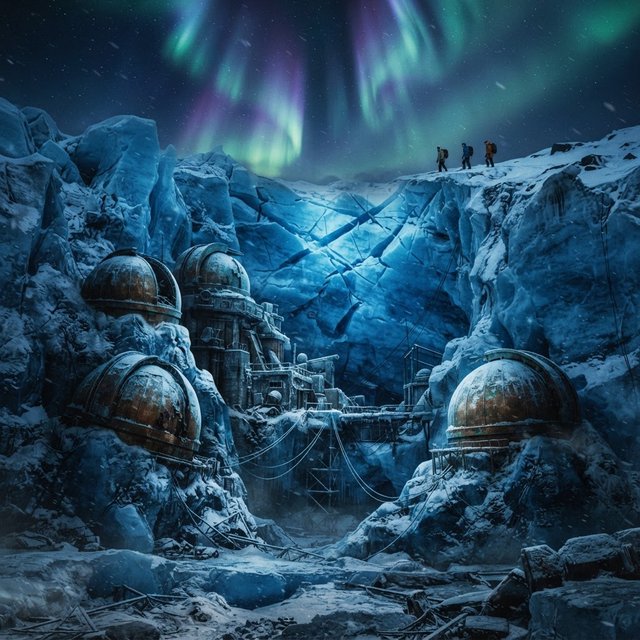 An abandoned observatory carved into a glacier, its bronze domes protruding from blue ice, aurora light filtering through crevasses, tiny adult explorers on a distant ridge emphasizing immense scale, drifting snow and deep polar shadows. — Nano Banana 2 Lite