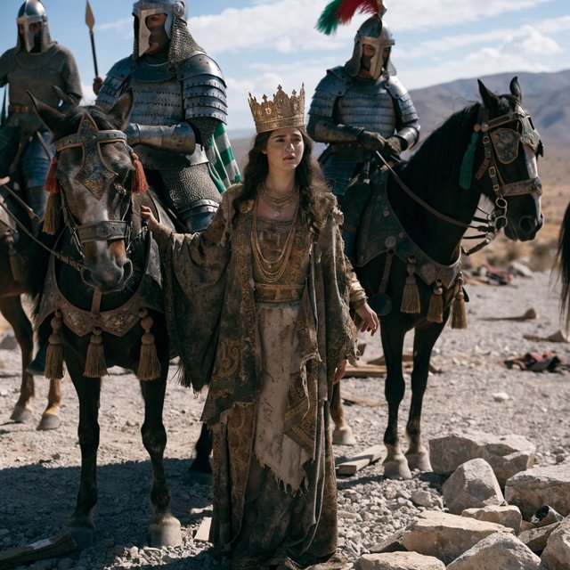 Film capture. Cinematic scene of the Byzantine empress being captured by Sassanid cataphracts. Harsh desert lighting. Shallow depth of field. The image takes place in the aftermath of a battle. All of the subjects are dusty and disheveled. — Recraft v4